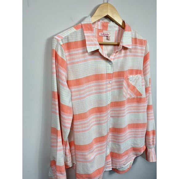 Fresh Produce Womens L White Blouse Button Down Long Sleeve Orange Striped Beach - Picture 4 of 10